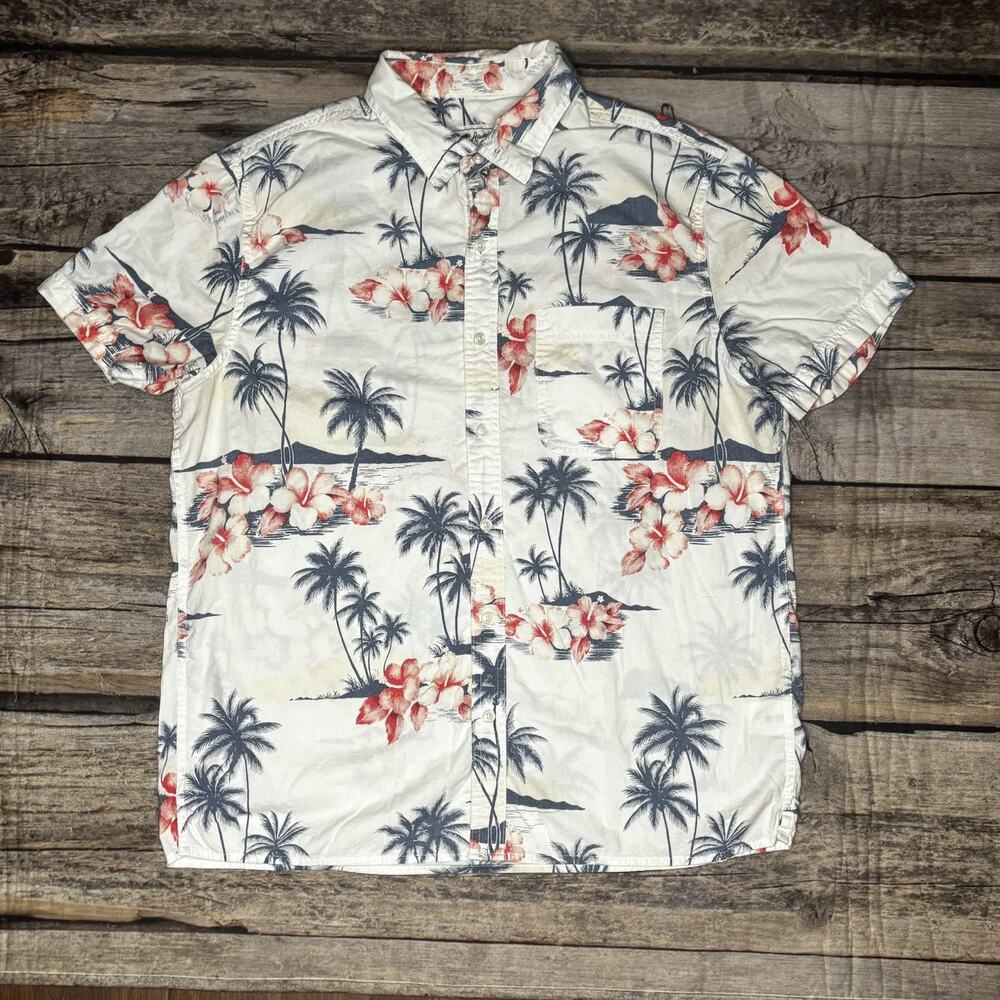 American Eagle Mens Large Short Sleeve Button Down Blue White Floral Tropical